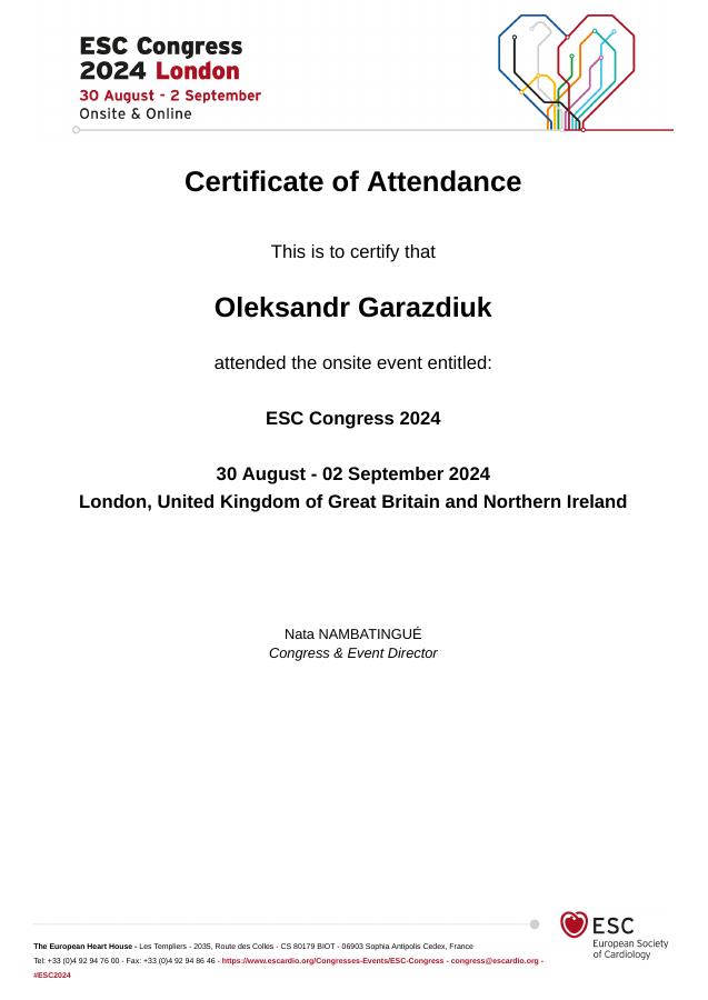 Сертифікат участі Олександра Гараздюка в ESC Congress 2024