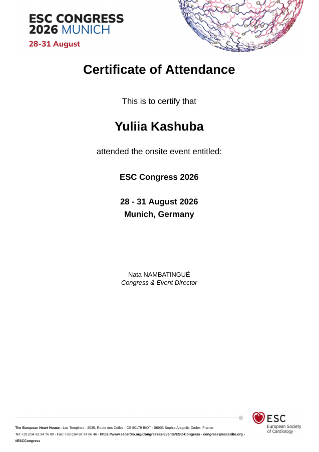 Сертифікат участі Юлії Кашуби в ESC Congress 2026